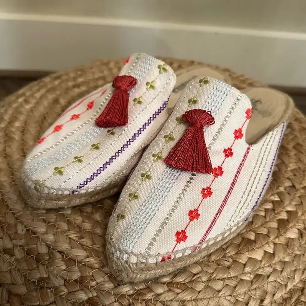 Solana Artisanal Espadrille Mule Slides Tassel Embroidered Made in Spain Size 9